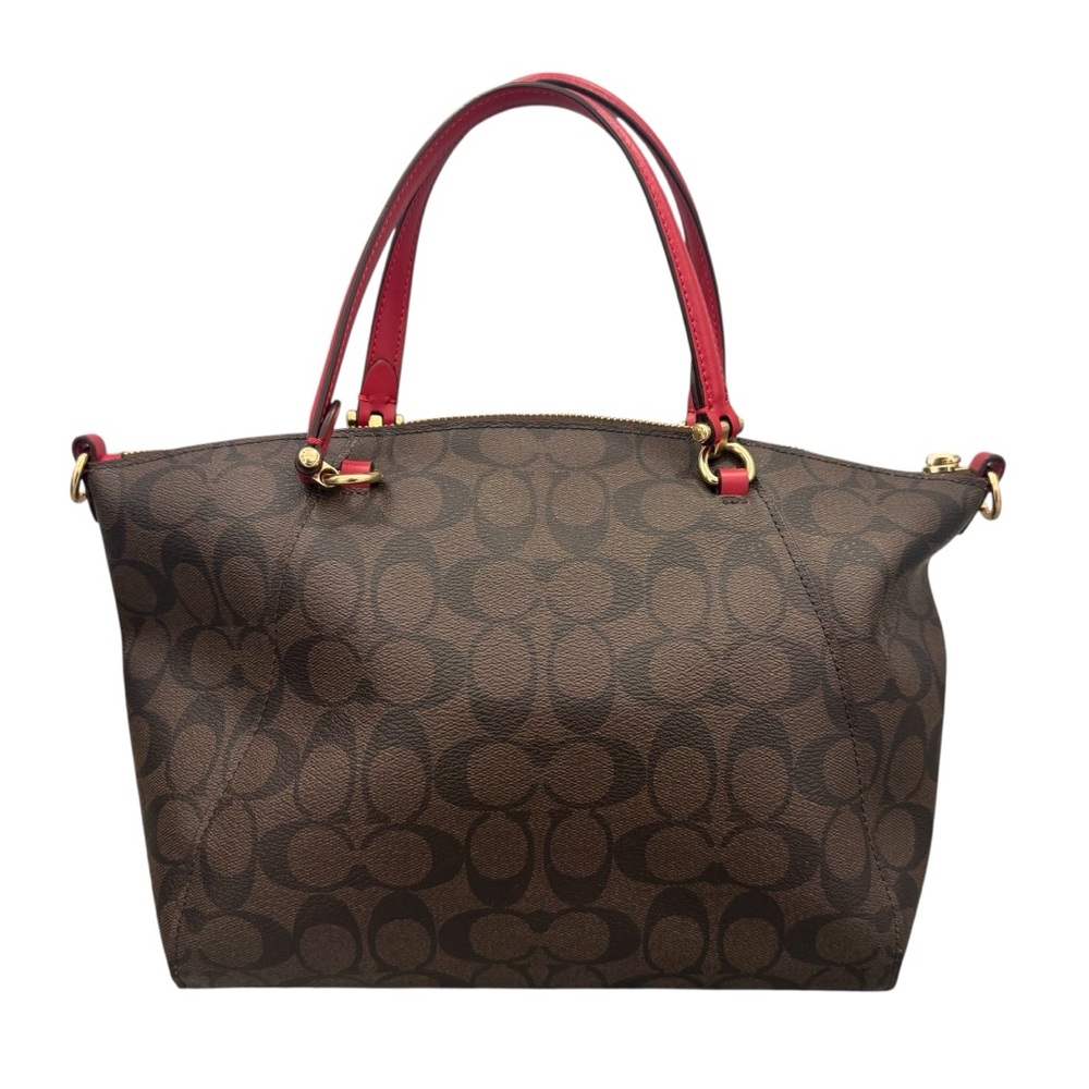 Coach Prairie Satchel Brown Signature Tote with Red Handles Crossbody *READ* - Picture 2 of 11